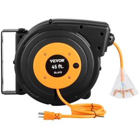 VEVOR Retractable Extension Reel; Heavy Duty 12AWG/3C SJTOW Power Cord 45 FT 12AWG; Black