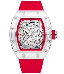 Transparent Barrel Waterproof Hollow Full-automatic Mechanical Watch (Color: Transparent red face red)